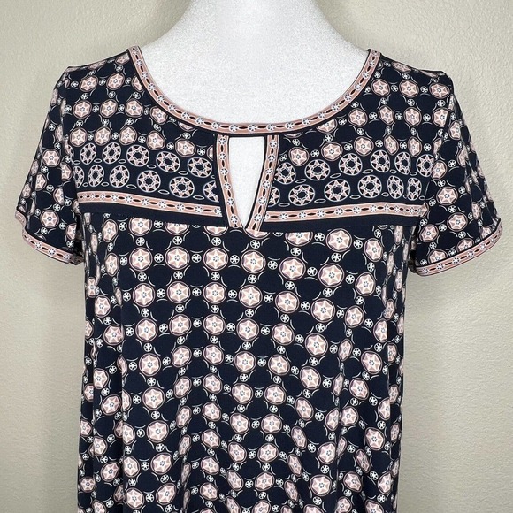 Max Studio Navy Blue & Peach Geometric Circle Print Short Sleeve Swing Dress XS - Picture 2 of 10